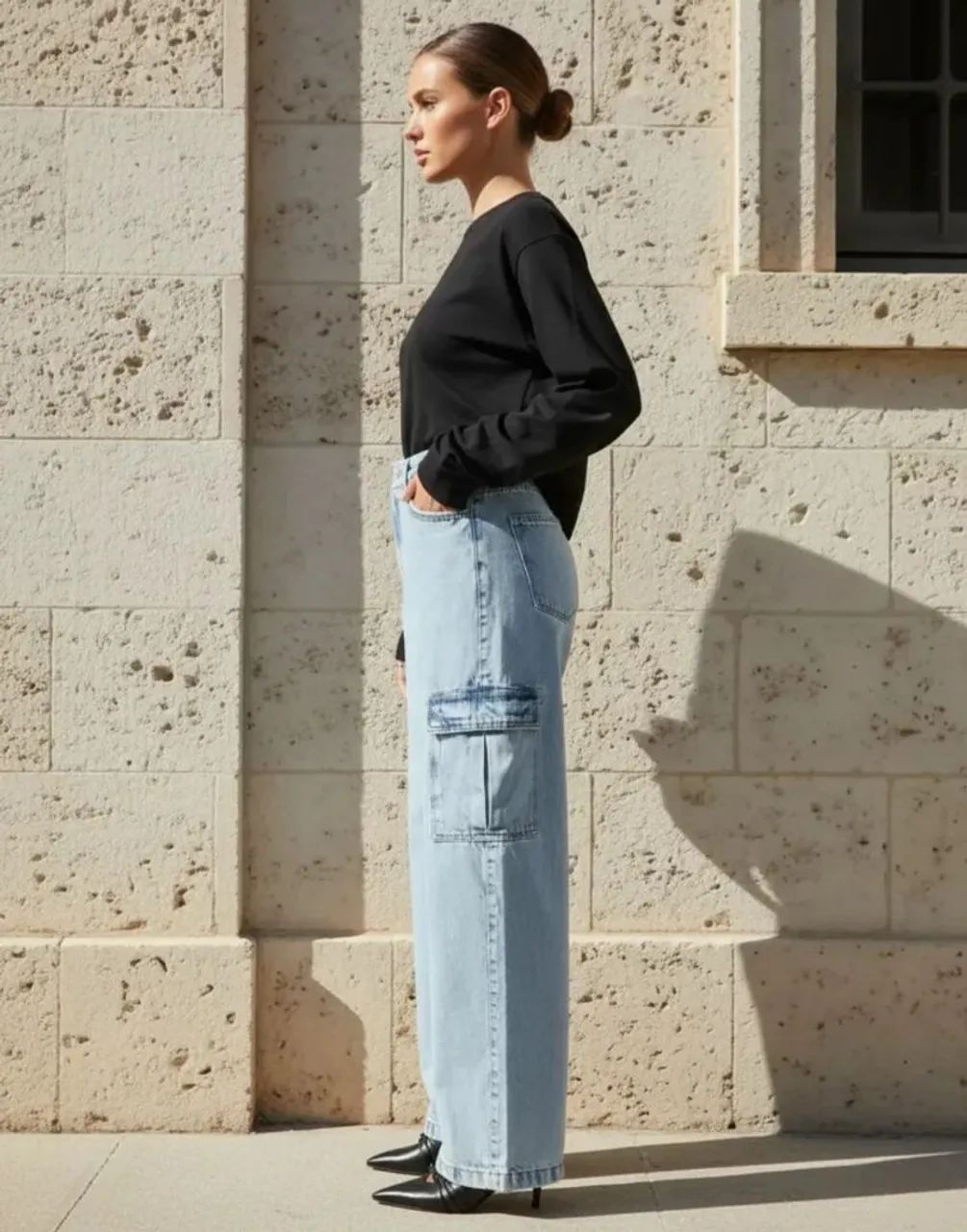 Calça Wide Leg Jeans Cargo - Usada - Foto 2