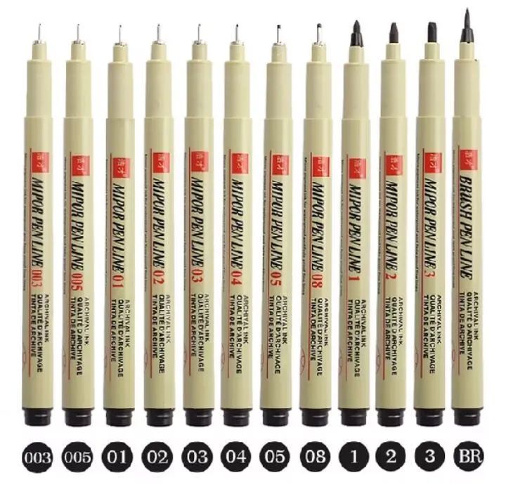 Conjunto 12 canetas técnicas Chotune Mipor Pen Line Black Fineliear Set.