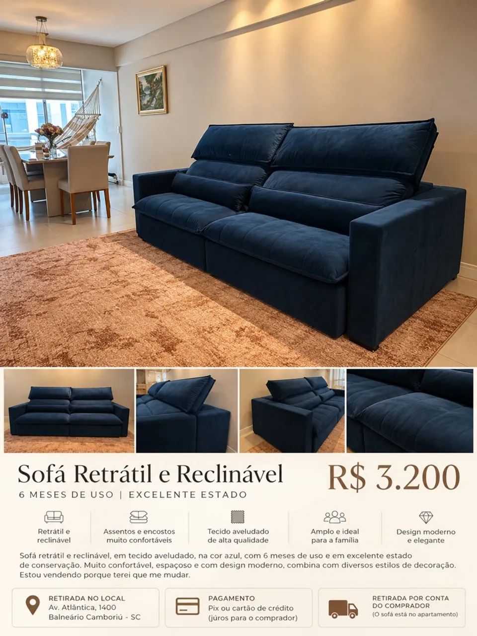 SOFÁ GRANDE, RECLINÁVEL, CONFORTÁVEL - seminovo