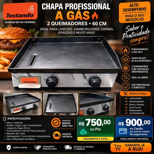 Chapa Profissional a Gás 2 Queimadores - Nova Sem Uso