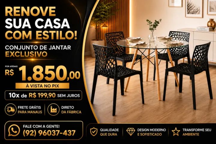 Conjunto de Jantar Exclusivo - Mesa de Vidro com 4 Cadeiras