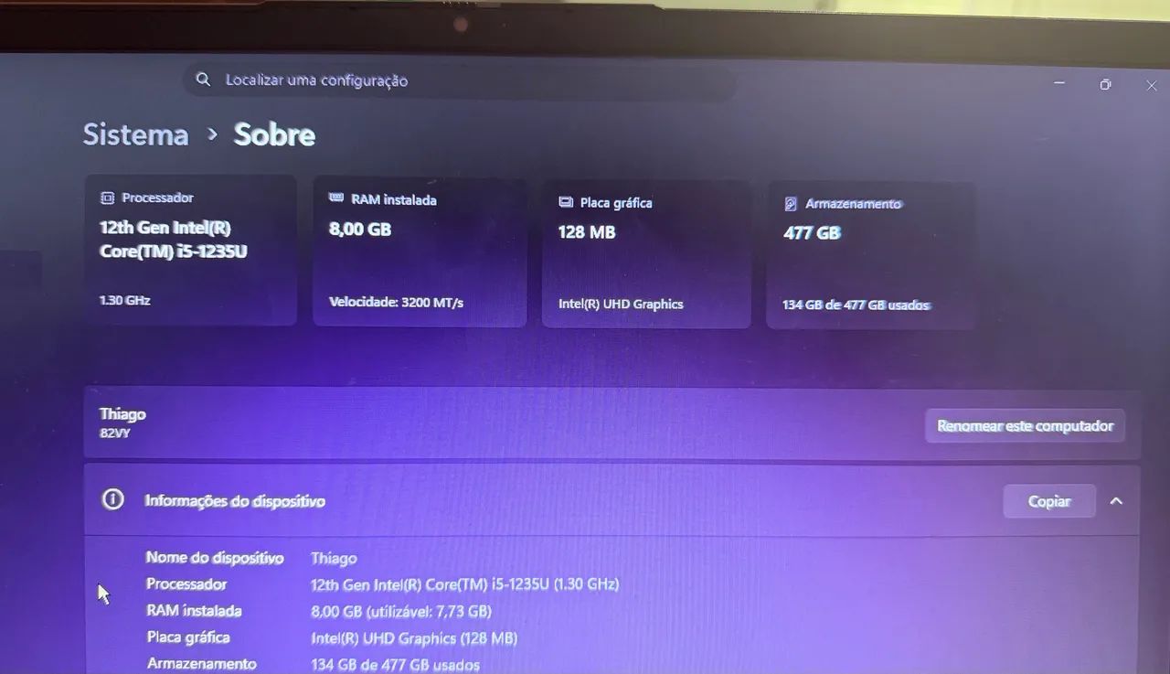 Notebook Lenovo i5 8gb ram 512gb