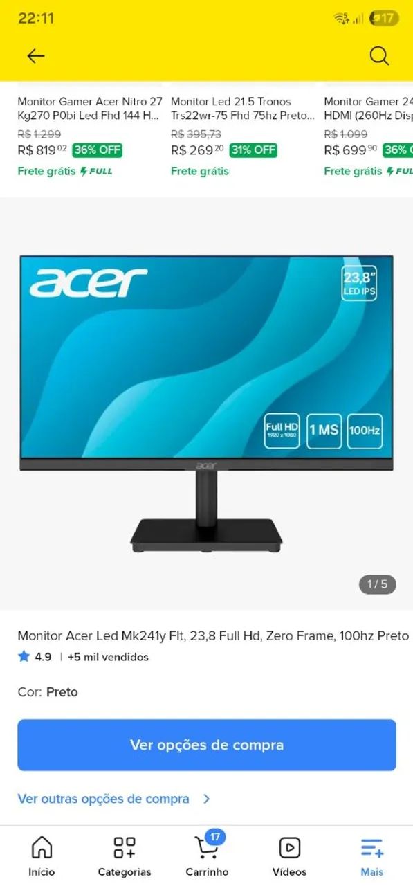 Monitor Acer Led 23,8 Full Hd, Zero Frame, 100hz - Foto 4