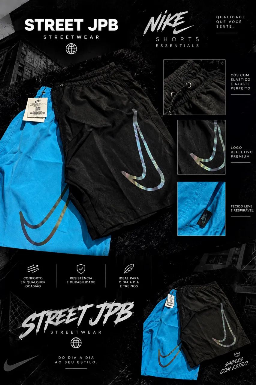 Shorts Nike Masculino - Preto e Azul com Logo Refletivo