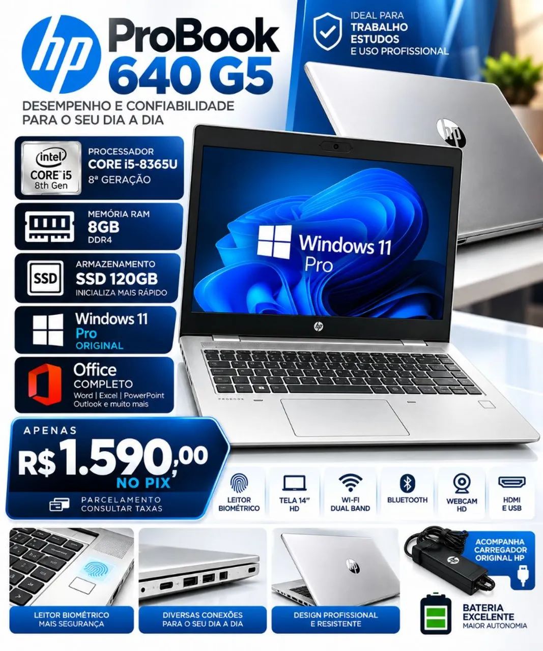 IMPERDIVEL Notebook HP ProBook 640 G5 i5 8ª 8GB SSD Windows 11 Pro