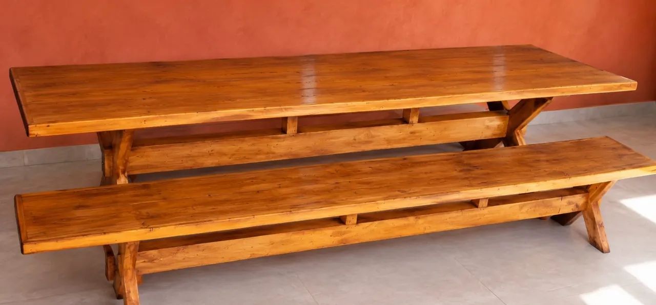Mesa de Cedro Maciço 3 Metros com 2 Bancos - Rústica - Foto 2