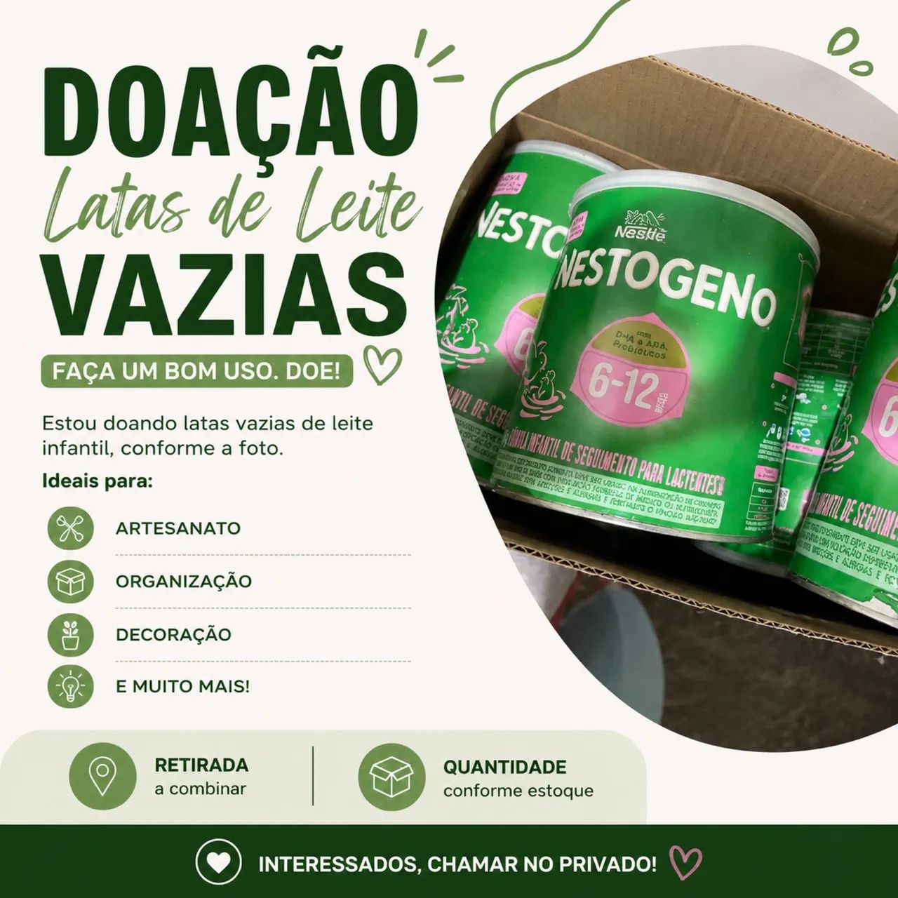 DOAÇÃO - LATAS DE LEITE VAZIAS