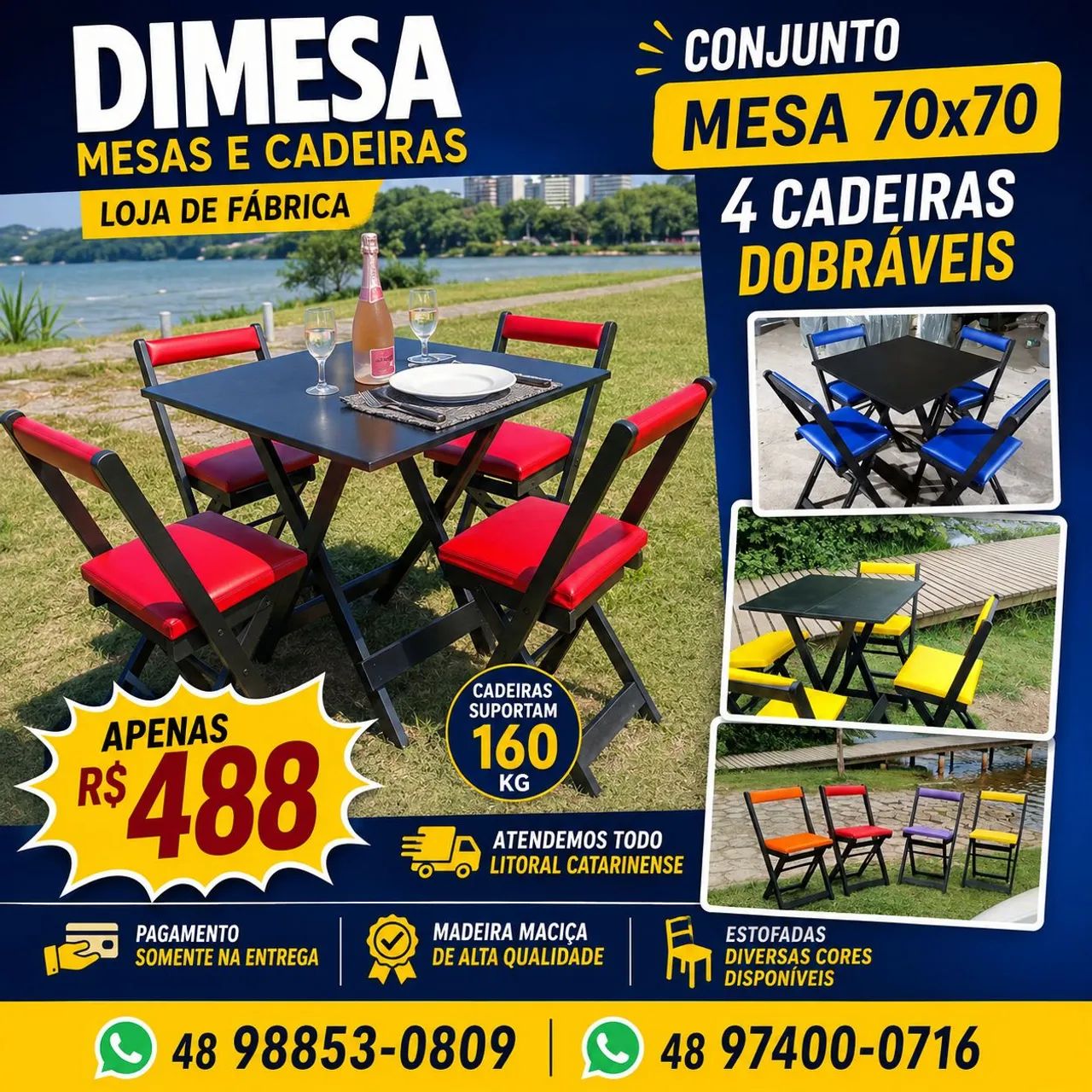 Conjunto estofado 70x70 com 4 cadeiras dobráveis  - Foto 2