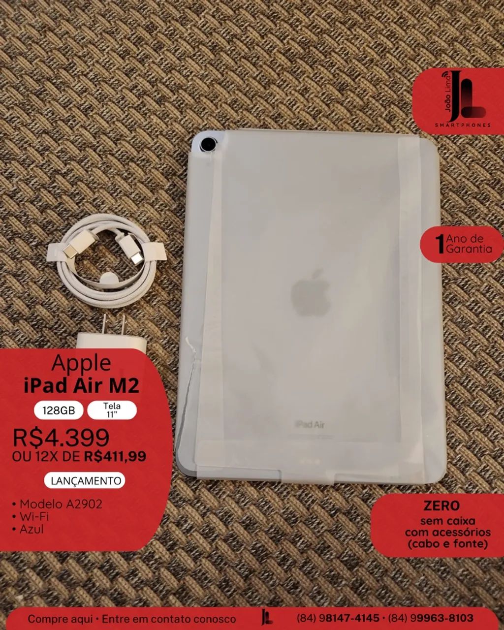 IPAD AIR M2, 128GB, TELA 11?, AZUL, SEM CAIXA, ZERO, EXCLUSIVO!