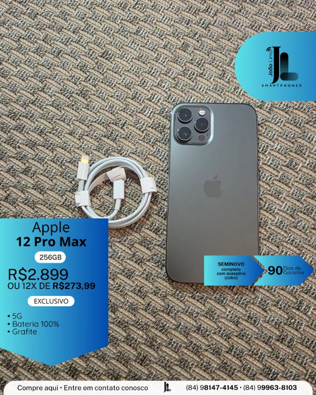 IPHONE 12 PRO MAX, 5G, 256GB, GRAFITE, SEM CAIXA, SEMINOVO