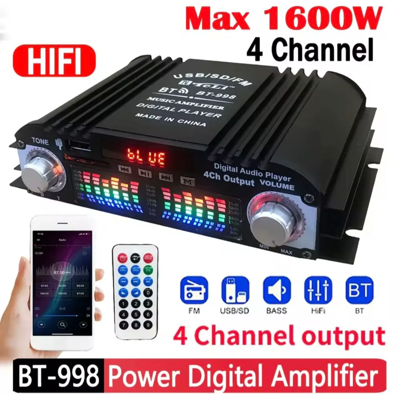Amplificador 1600W 4 Canais BT-998 Bluetooth