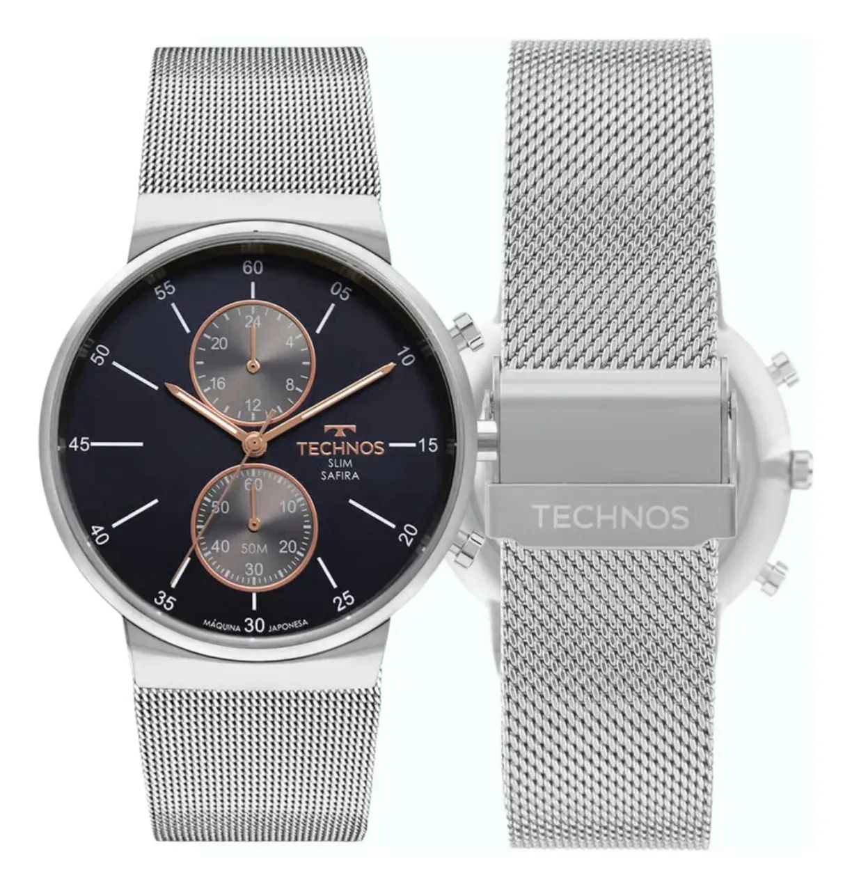 Relógio Technos Masculino Slim Prata - Fundo Azul (Original)