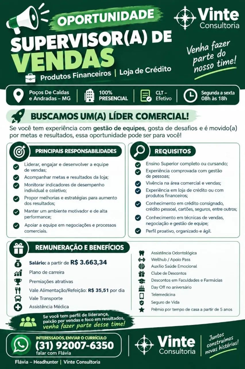 Supervisor(a) de Vendas - Poços de Caldas e Andradas MG
