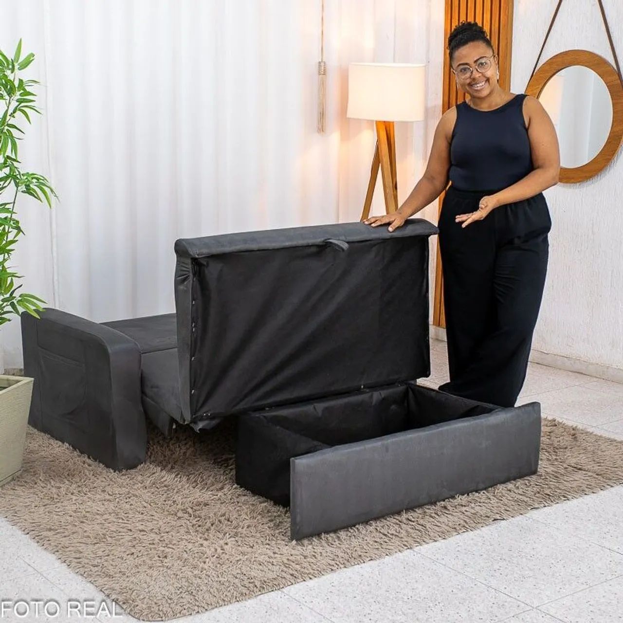 Sofá Cama com Baú Veludo Cinza  - Foto 3