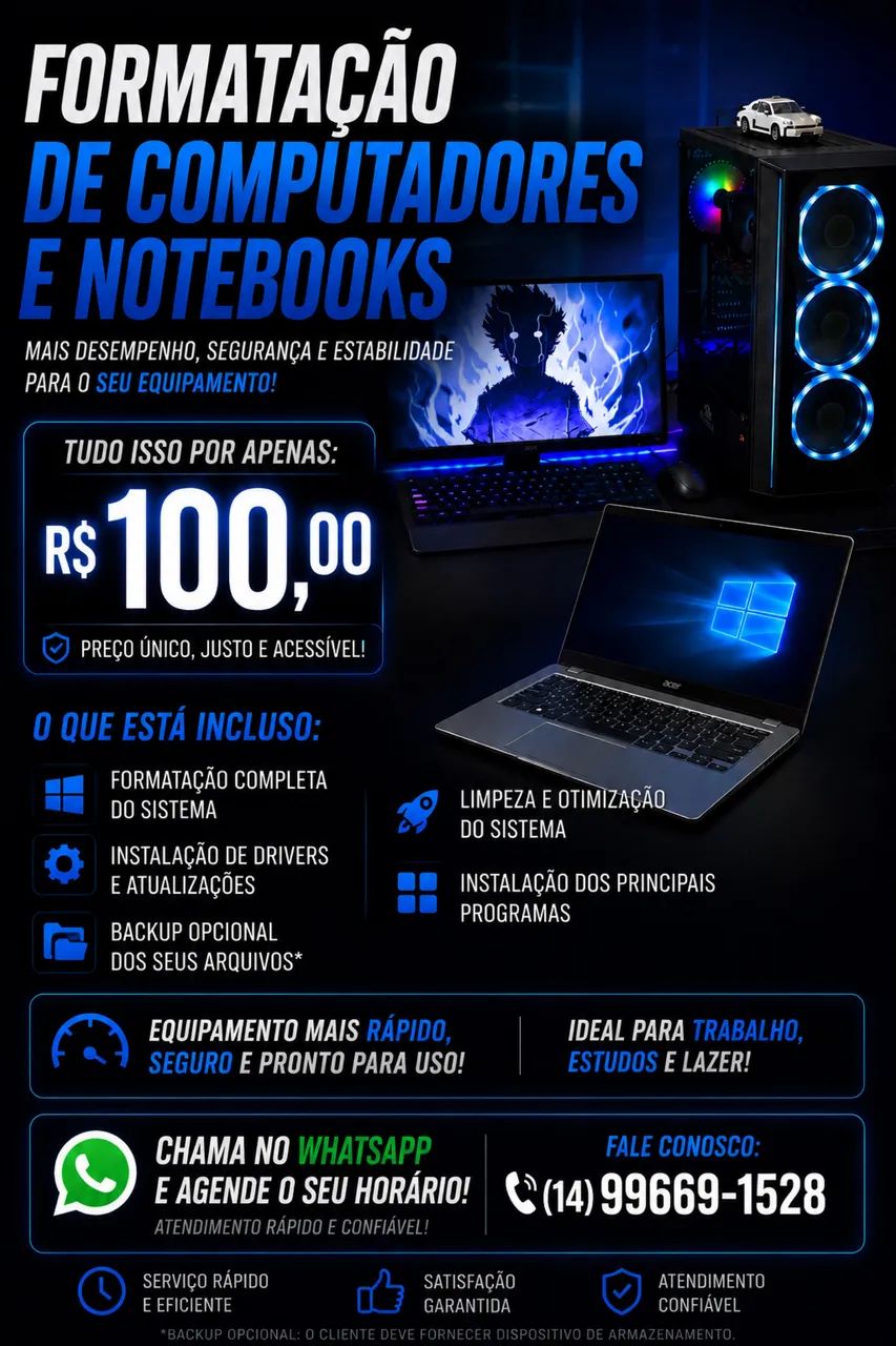 ?Formatação de Computadores e Notebooks | R$ 100 | Atendimento Rápido?