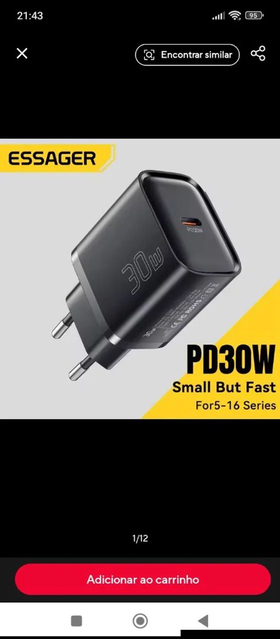 Carregador turbo 30w tipo C essager