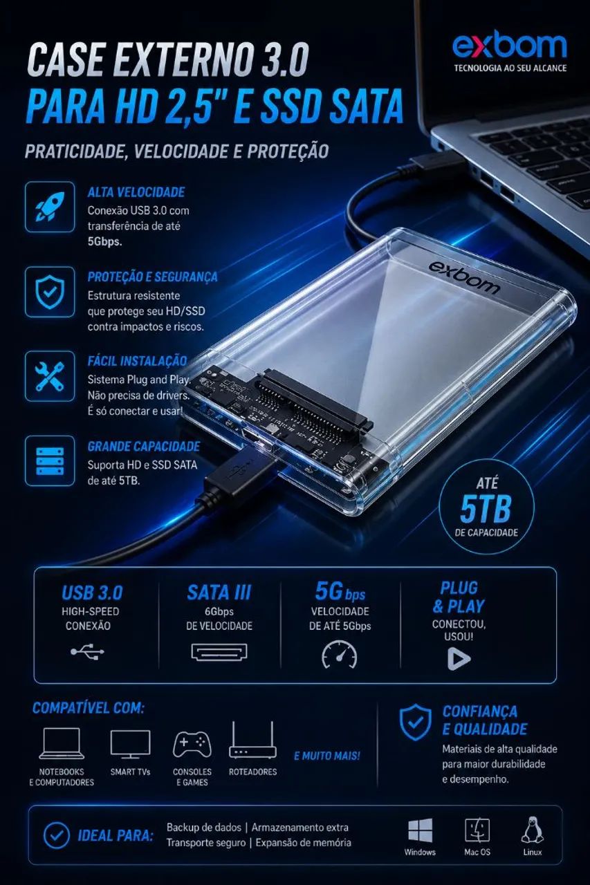 Case para HD e SSD 2.5" Transparente Exbom Original