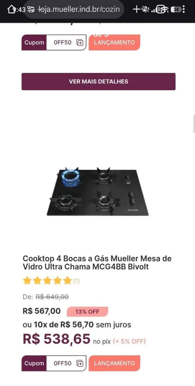 Cooktop 4 bocas Mueller