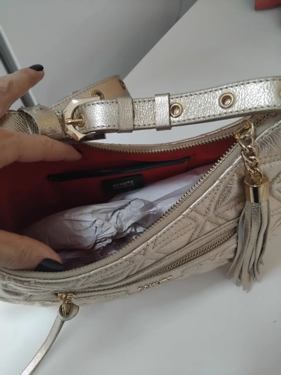 Bolsa dourada schutz média Mirella couro - Foto 3