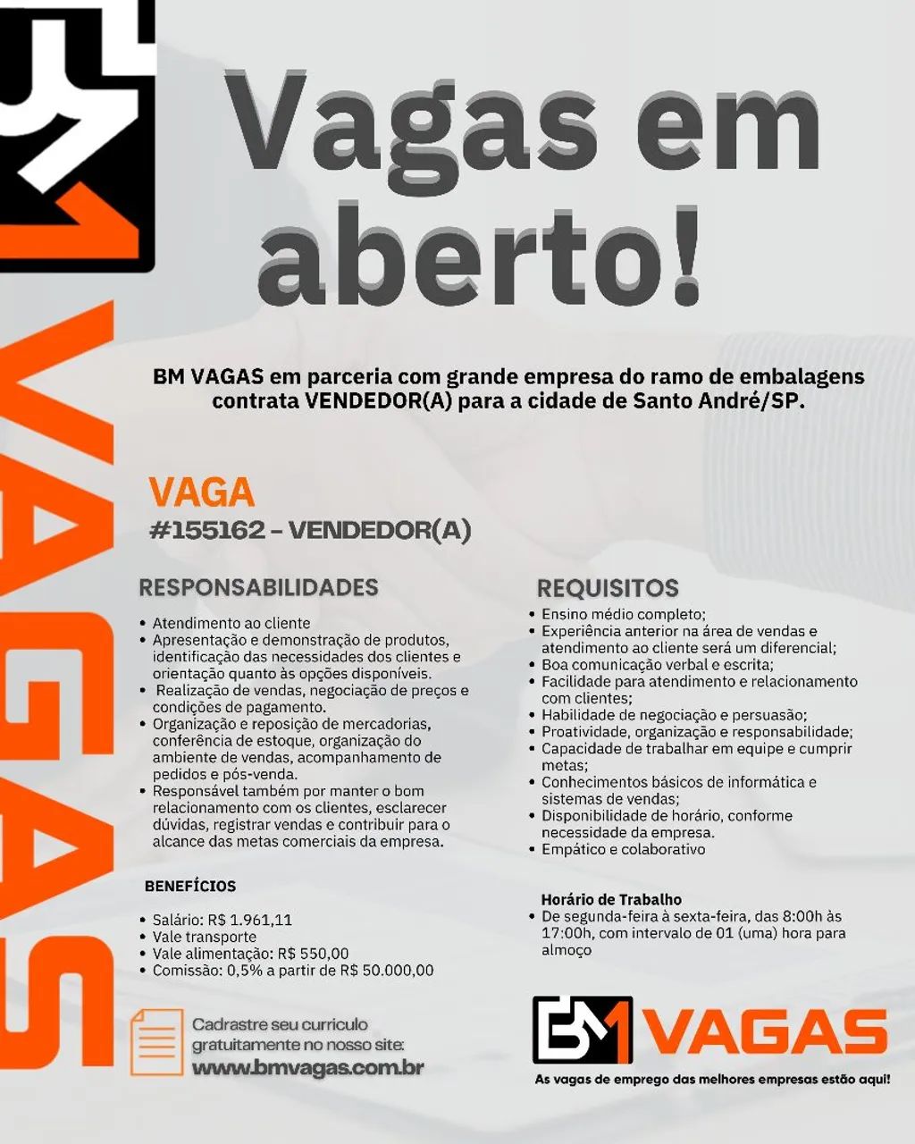 Vaga aberta para vendedor em Santo André/SP
