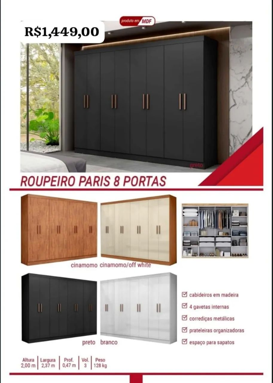 Roupeiro Paris 8 Portas - R$1.449