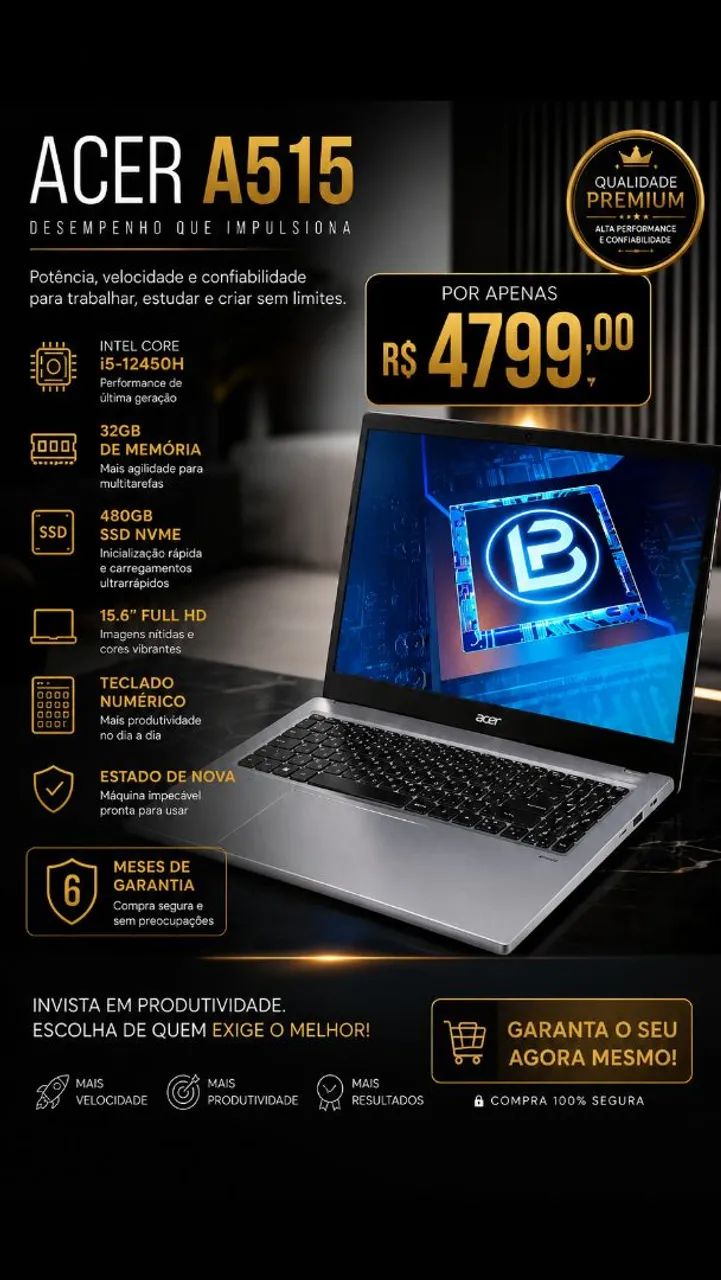 Notebook Acer I5 12450H 32GB Ram 480GB SSD