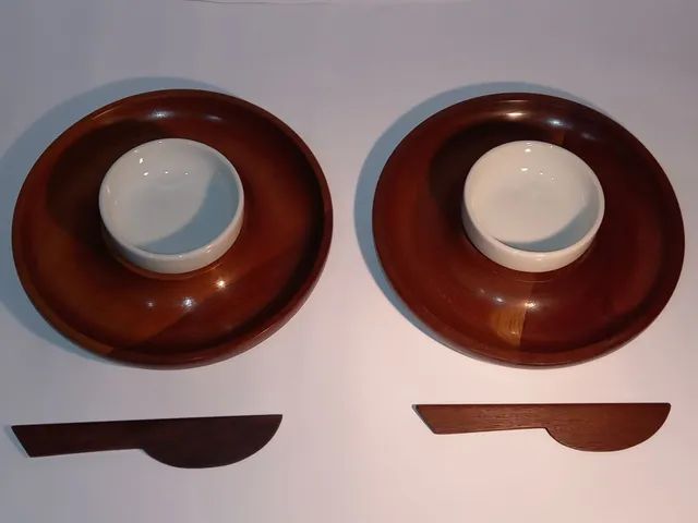 Conjunto de 2 porta aperitivos em madeira maciça com vasilha para pasta