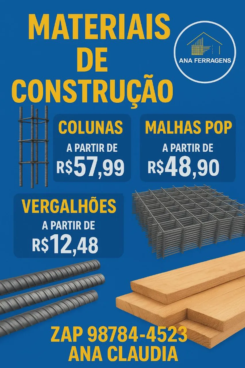 Materiais de construção - Colunas, Vergalhões, Malhas Pop e Madeiras