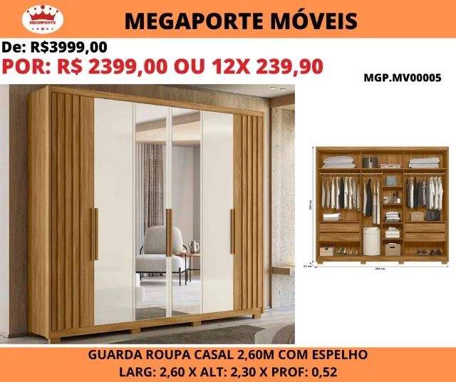 GUARDA ROUPA CASAL 2,60 C/ESPELHO 