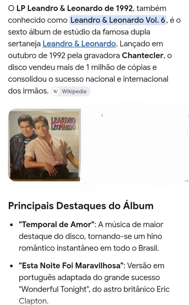 LP Leandro & Leonardo 1992 Temporal de amor/ com Encarte - Foto 3