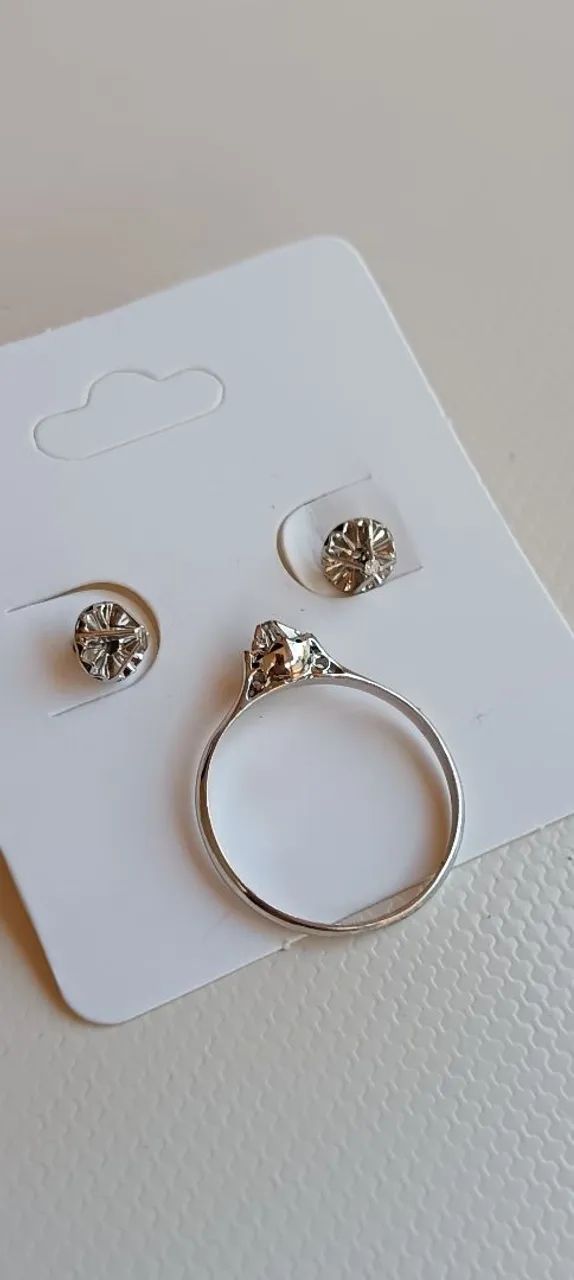 CONJUNTO ANEL E BRINCOS DE PALÁDIO COM BRILHANTES ( DIAMANTES) 