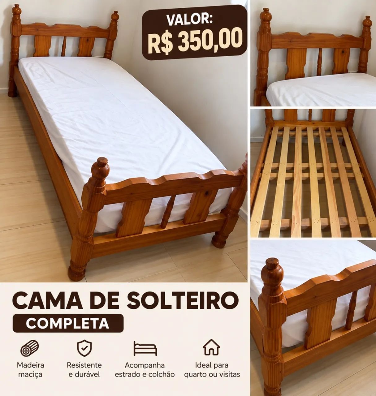 Cama de solteira madeira maciça 