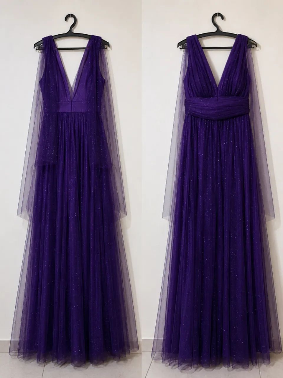 Vestido Longo de Festa Roxo com Tule e Brilho