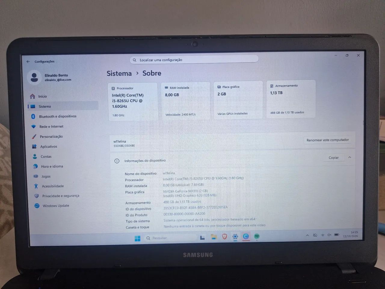 Notebook Samsung i5 8° 8GB RAM 