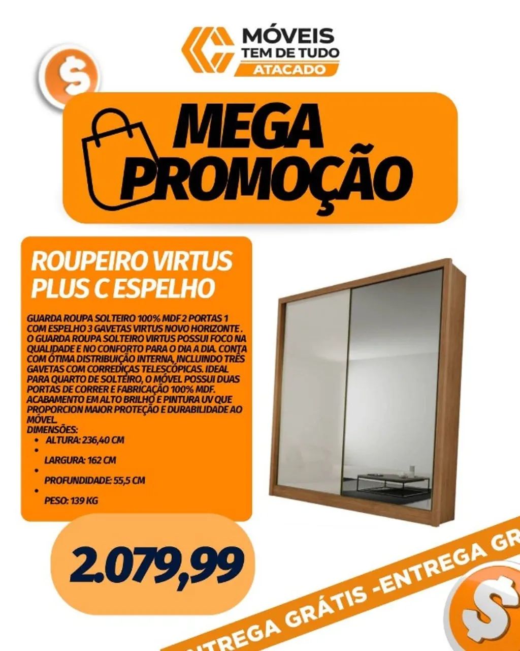 SUPER OFERTA ROUPEIRO VIRTUS PLUS COM ESPELHO