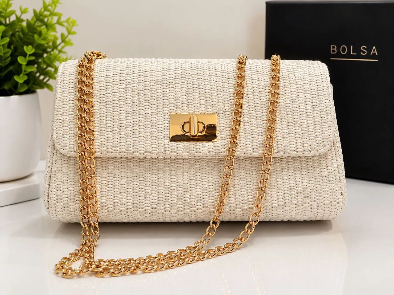 Bolsa feminina de palha com corrente dourada elegante - Foto 2