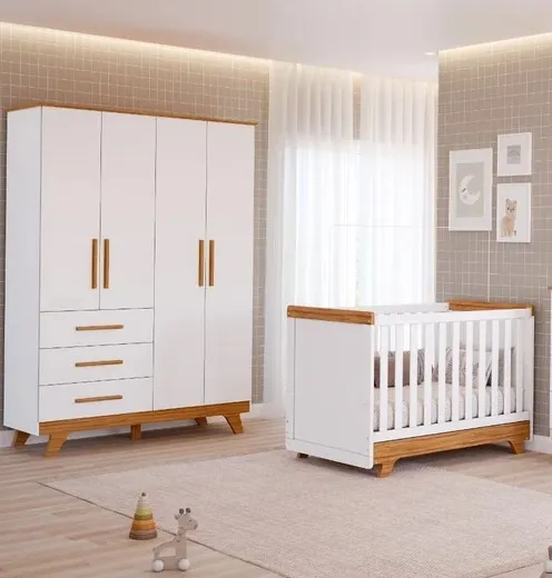Roupeiro Retro Liso + Berço Cama Americano Retro, 100% MDF - Peroba
