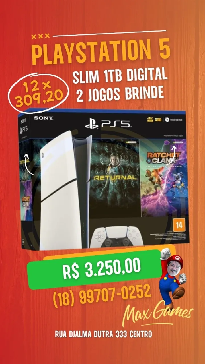 PlayStation 5 Digital Slim 1TB + Jogos Returnal e Ratchet & Clank + Controle