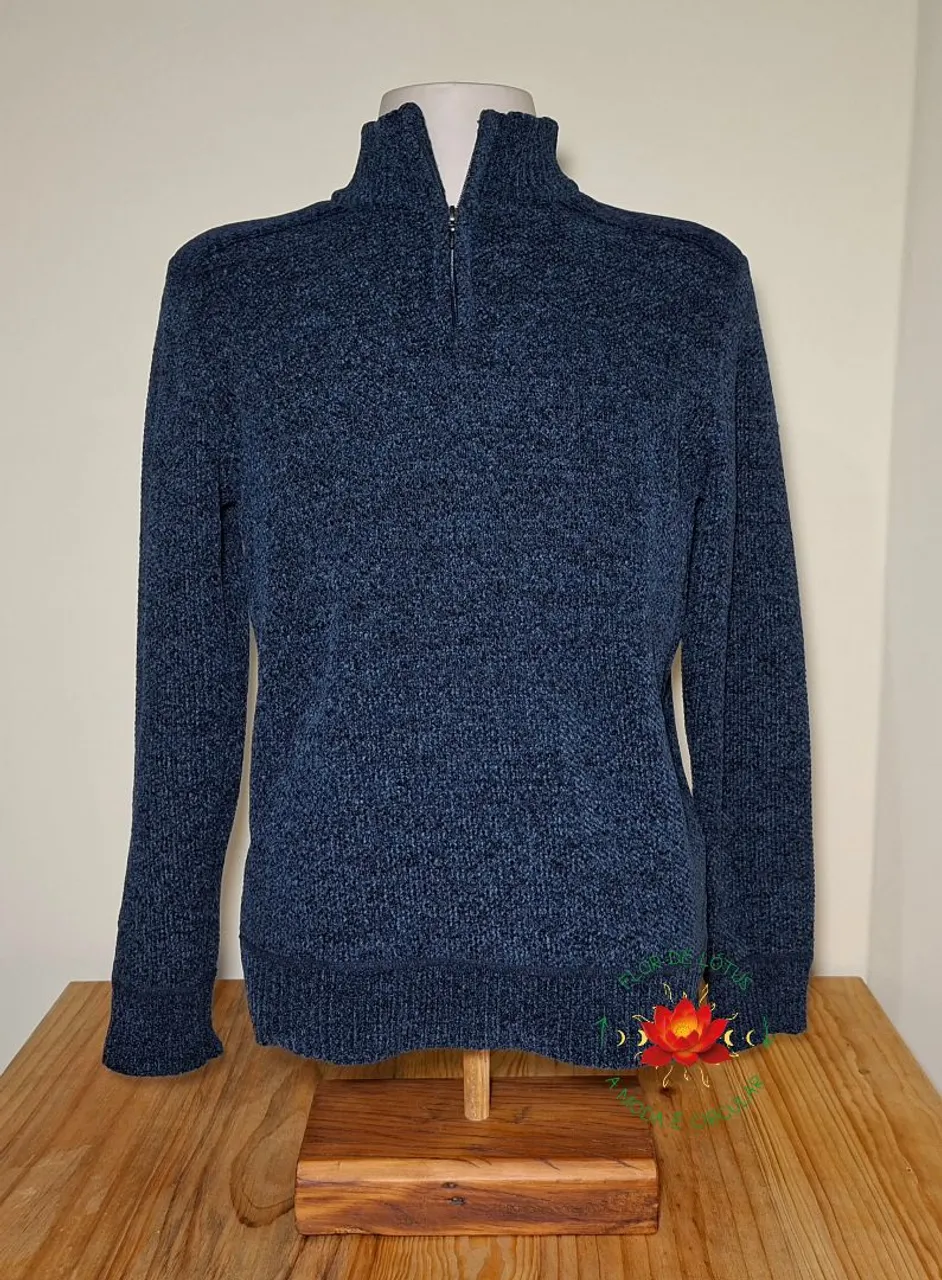 Blusa Suéter Azul Gola Alta Zíper Tam.M