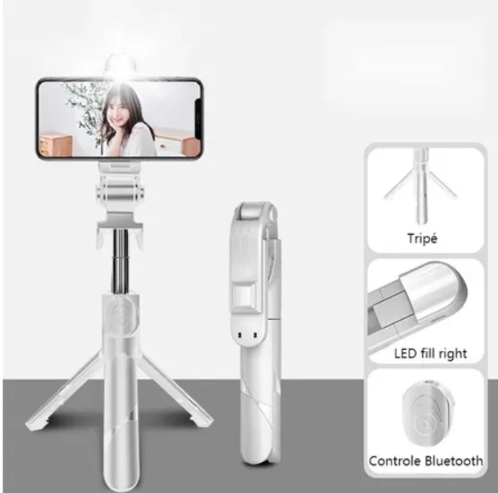 Bastão Pau de selfie Tripé Retrátil Com Luz LED Controle Bluetooth