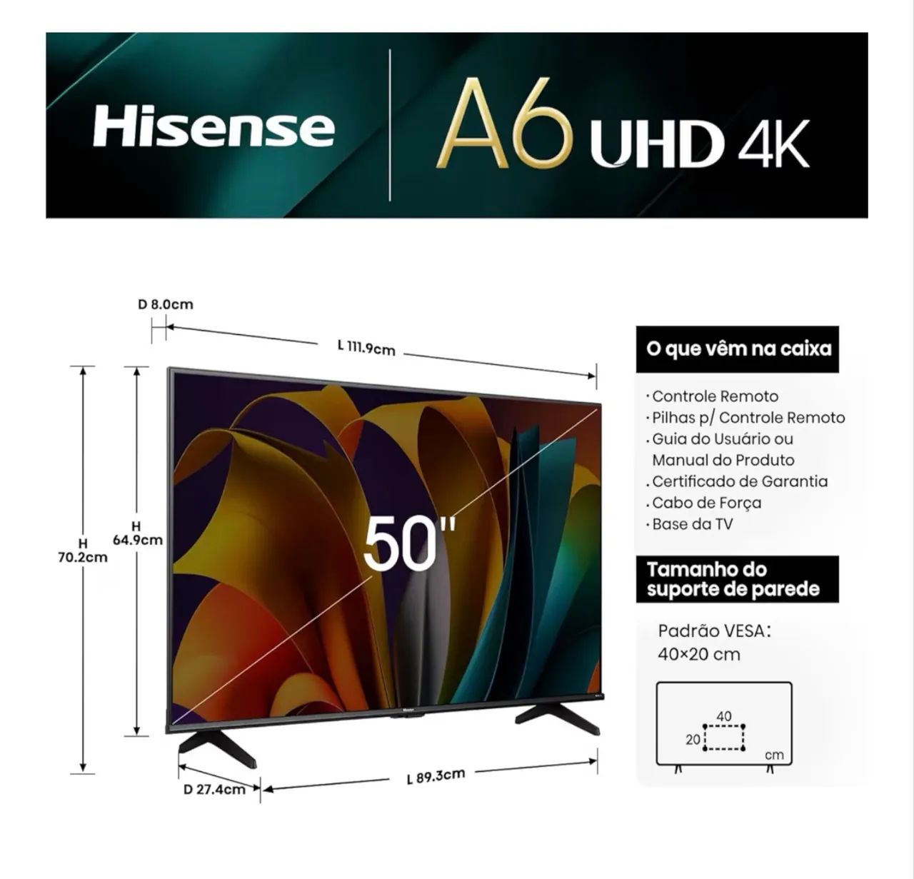 Hisense Smart TV UHD 4K DLED 50" Polegadas 50A6N com HDR10+ Dolby Vision64313035368961123