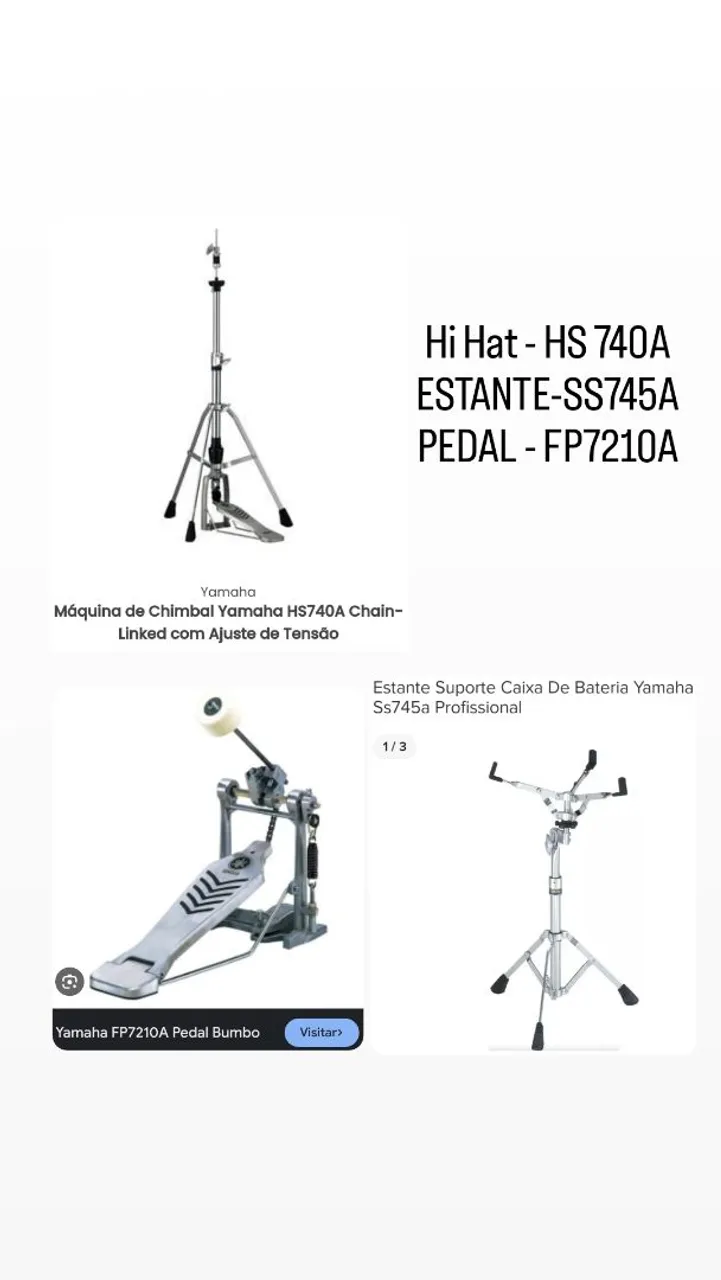 Kit Bateria Yamaha Completo - Hi Hat HS740A, Estante SS745A e Pedal FP7210A