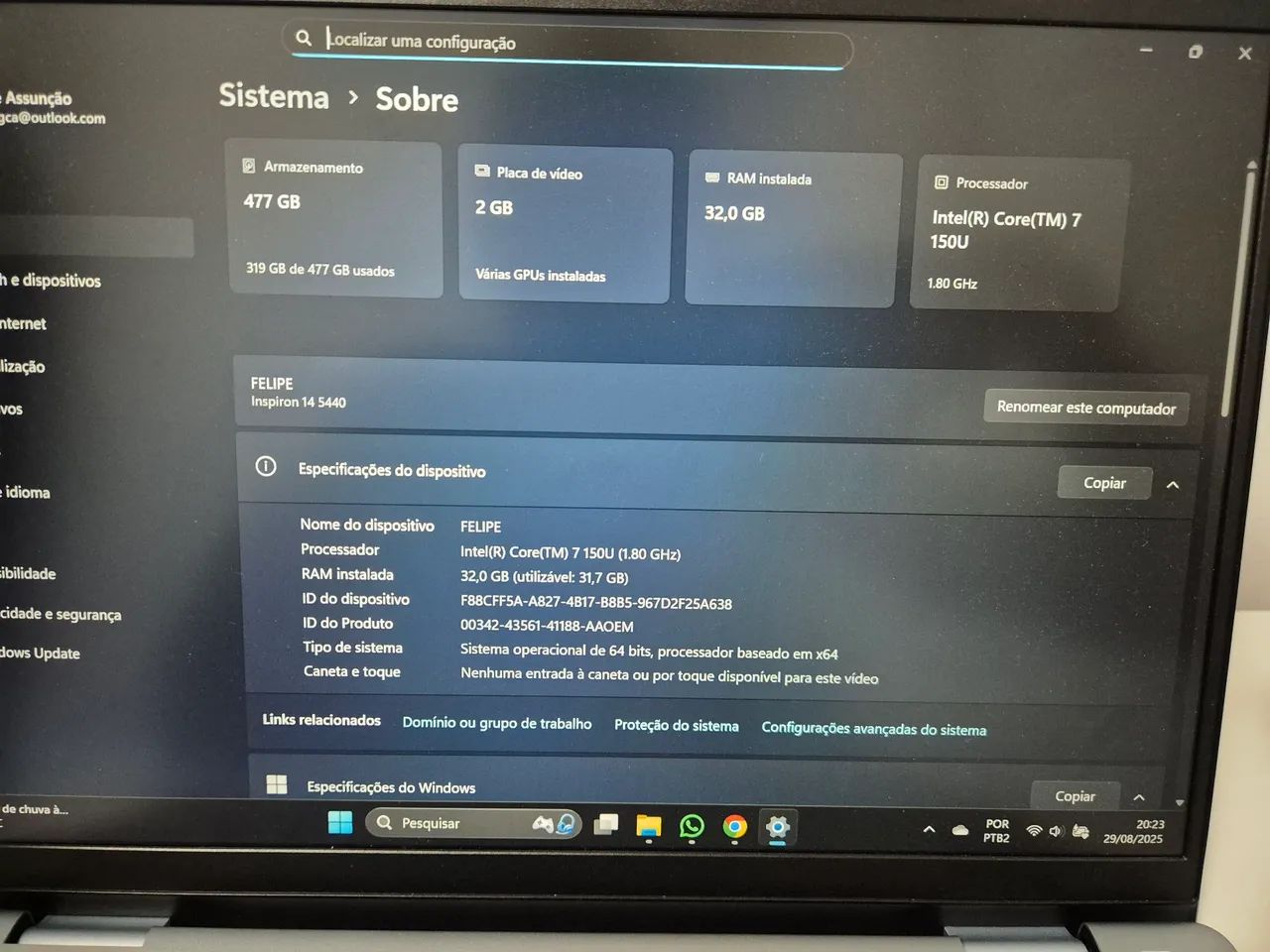 Dell Inspiron 14 Core 7 32 GB RAM NVIDIA MX350A 512GB SSD W11 PRO + NF e garantia 2026 - Foto 6