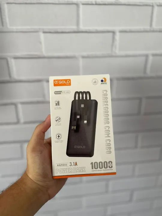 Powerbank A'Gold 10.000mAh com 4 Cabos Embutidos - Produto Lacrado (Entregamos)