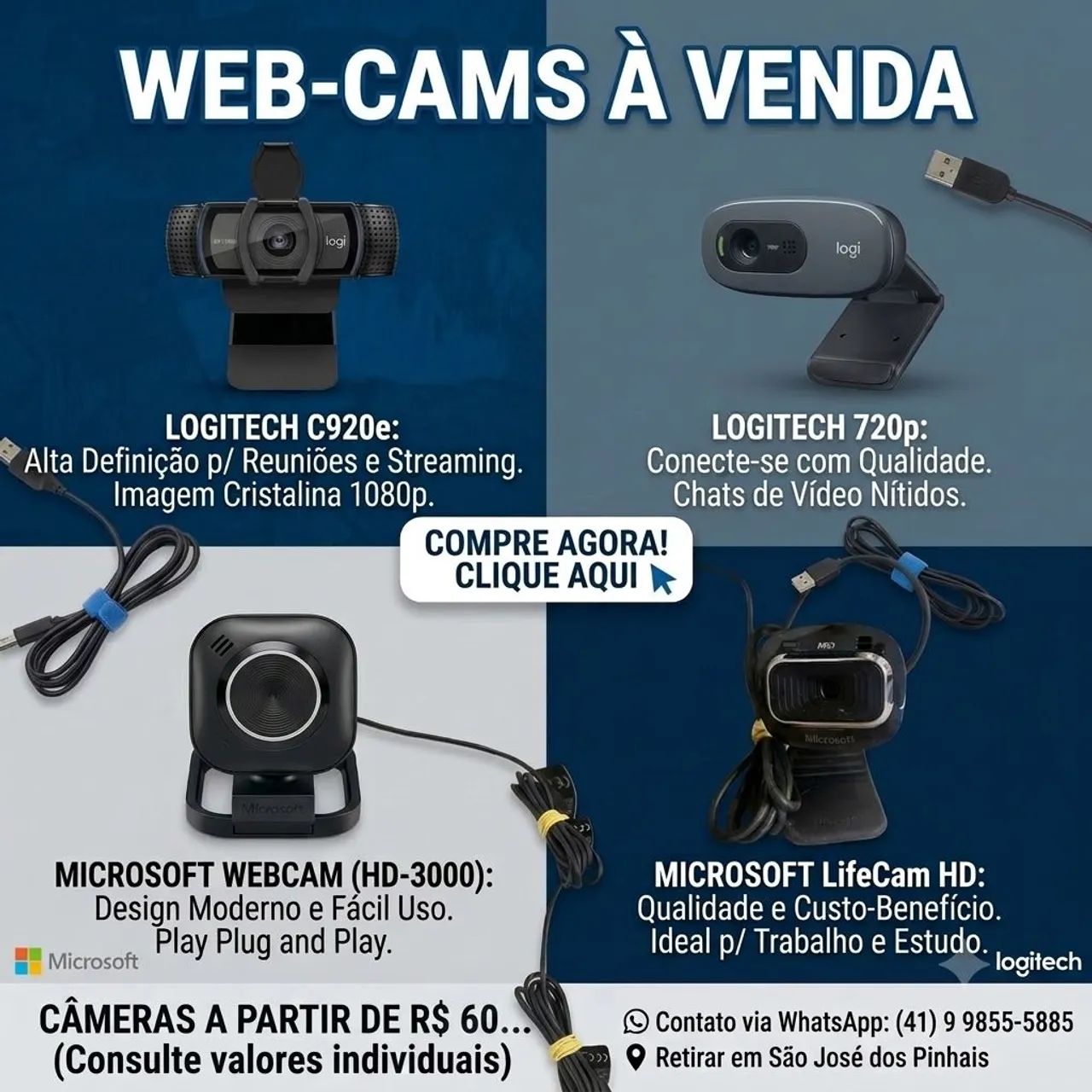 Webcams da Logitech e Microsoft  A partir de R$ 99!!
