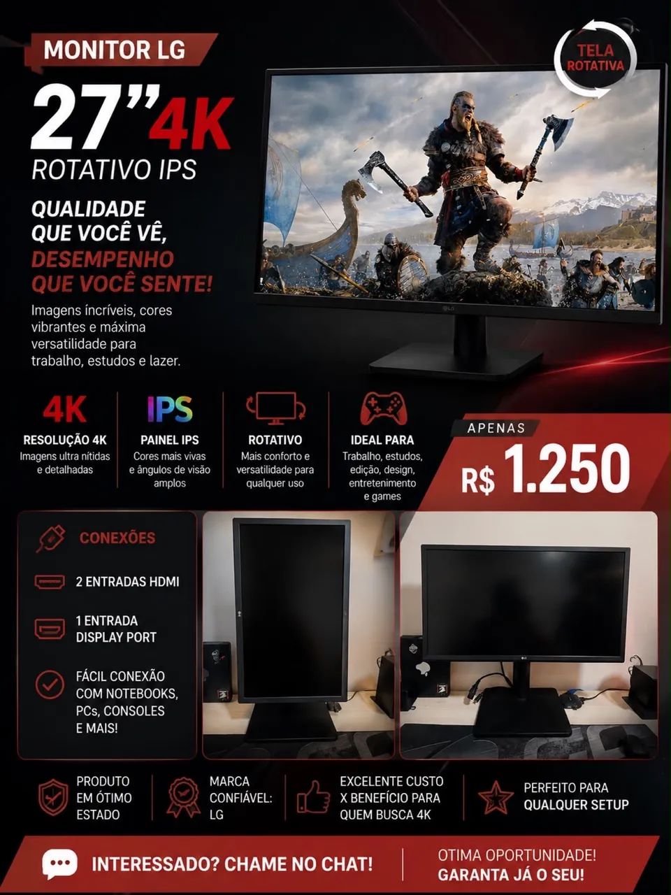 Monitor LG 27? 4K IPS Rotativo | HDMI + DisplayPort