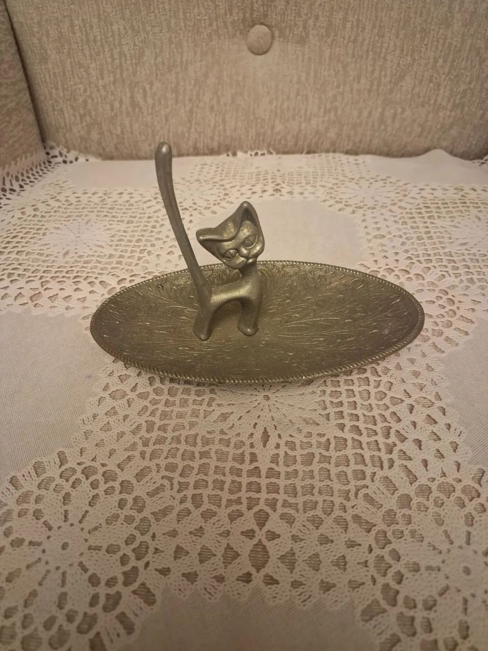 Suporte de anel de prata, vintage, em formato de gato
