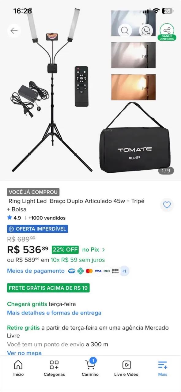 Ring Light Led Braço Duplo Articulado 45w + Tripé