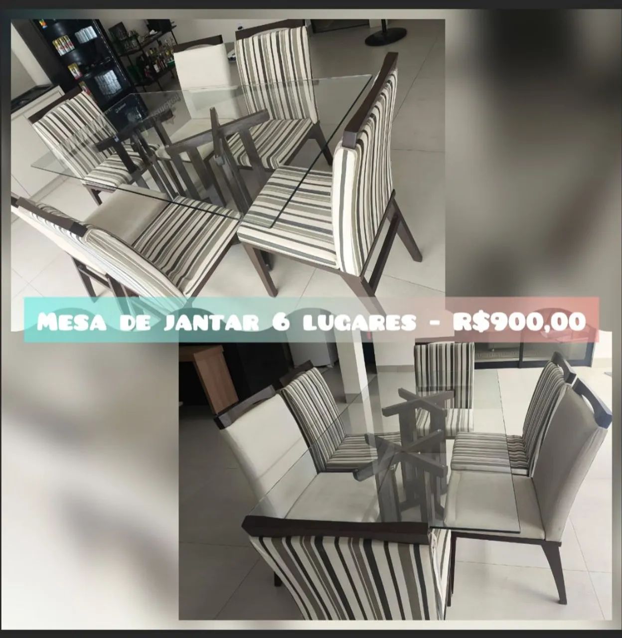 Mesa de jantar de vidro com 6 cadeiras