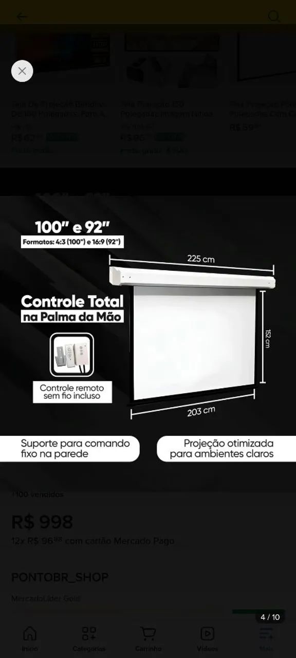 Tela Projeção Elétrica Tomate 100 Polegadas  - Foto 2